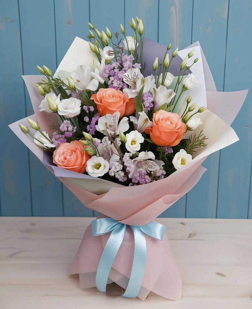 Букет Утренняя свежесть в Иглино Букет цветов из: Лизиантусы, Розы, Альстромерии и Гипсофила в Иглино