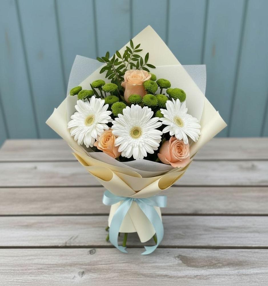 Букет герберы и розы в Иглино Букет цветов из: Герберы, Розы и Хризантемы в Иглино