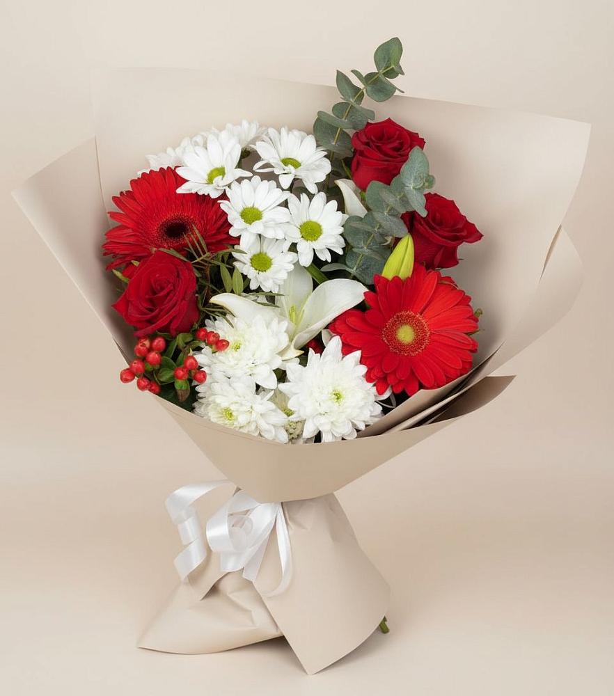 Букет поцелуй лета в Иглино Букет цветов из: Розы, Хризантемы, Герберы и Лилии в Иглино
