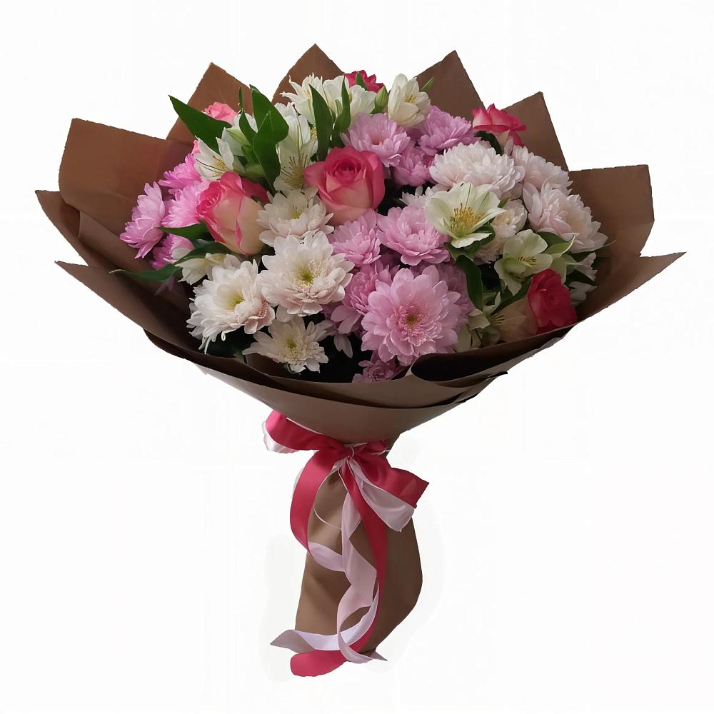 Букет Розовое очарование в Иглино Букет цветов из: Хризантемы, Альстромерии и Розы в Иглино