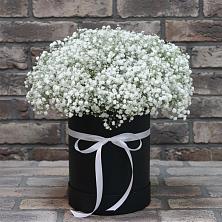 Композиция коробка гипсофил в Иглино Цветочная композиция из Гипсофила в шляпной коробке в Иглино